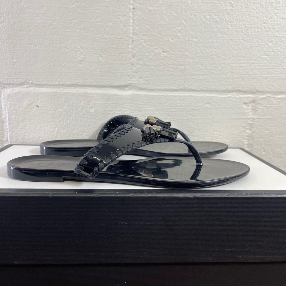 Jack Rogers Alana Black Patent Tasseled Jelly Thong Sandal‎ Slip On Women's 8 US